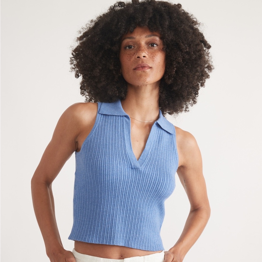 Marine Layer Amelia Rib Polo Coronet Blue Preppy Quiet Luxury Coastal Chic - Picture 3 of 9